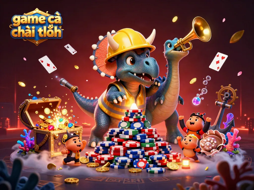 Engage in the game bắn cá đổi thưởng adventure with vibrant 3D characters building chip pyramids and celebrating underwater.