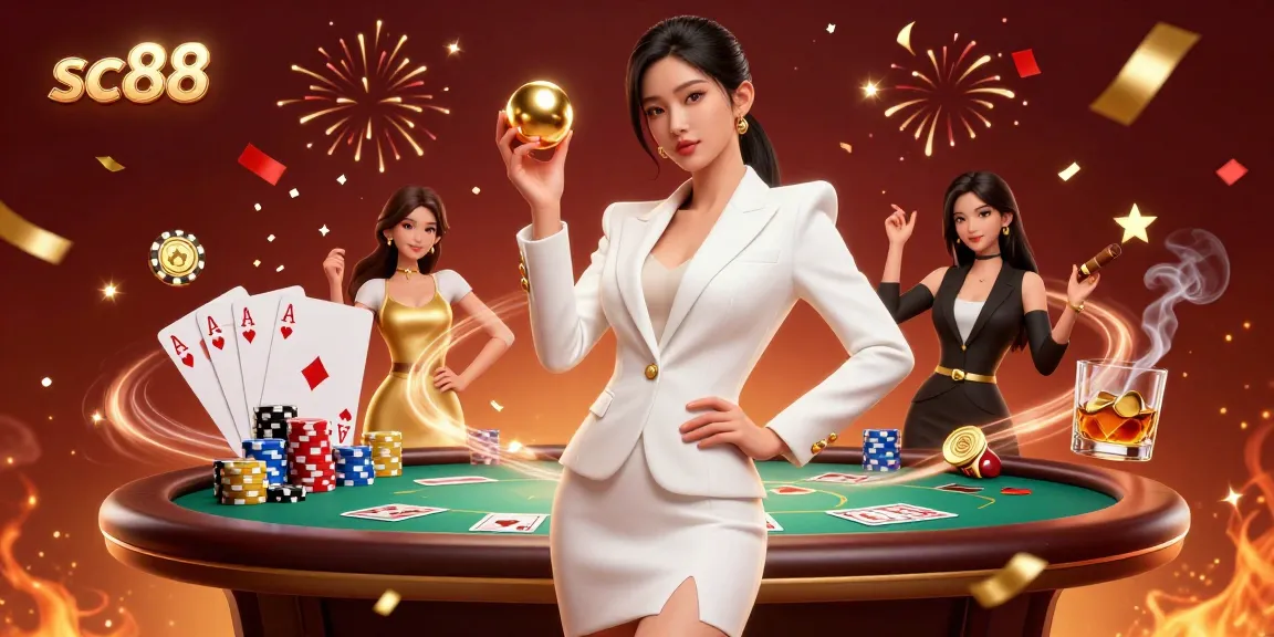 Experience the thrilling world of sc88 casino with a confident Asian woman showcasing luxury elements, poker chips, and casino vibes.