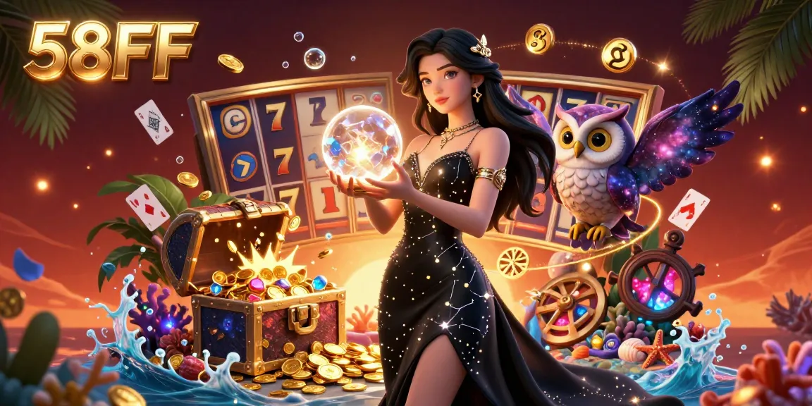 Win big with 58FF in this vibrant casino scene featuring slot reels and enchanting elements.