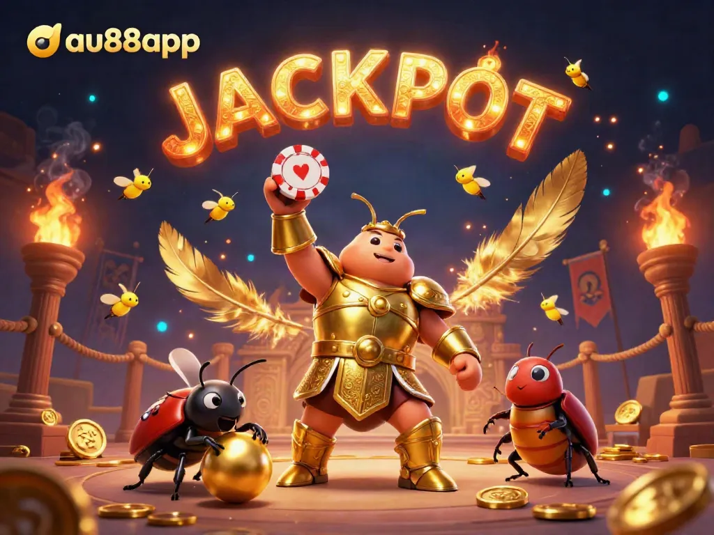 Engage with the thrilling world of au88app as a victorious beetle lifts a poker chip amidst a vibrant casino atmosphere.