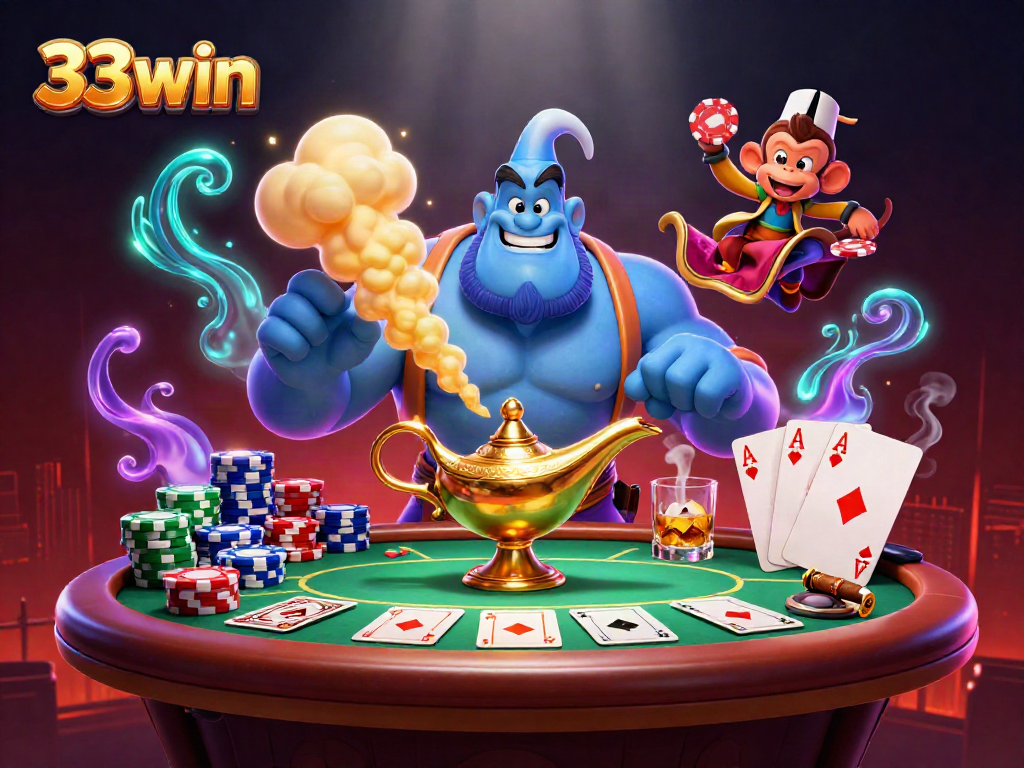 33win highlights exciting poker action featuring a genie, poker chips, and a vibrant casino atmosphere.