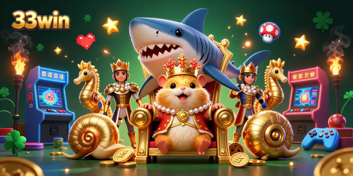 Experience the vibrant world of 33win with a golden hamster king defending its slot throne amidst game excitement.