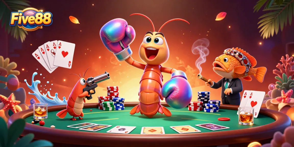 Engage in high-stakes poker with Five88's vibrant casino illustration showcasing intense gameplay.