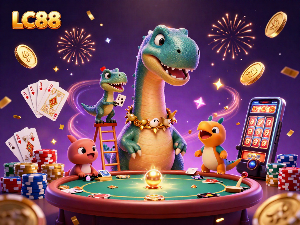 Engage with LC88's vibrant casino scene featuring a brontosaurus and clever raptor amidst sparkling treasures.