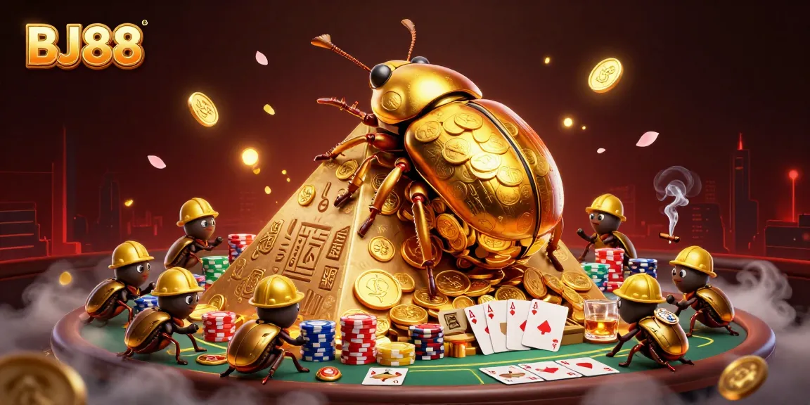 Experience winning moments at BJ88 with 3D beetles built a golden coin pyramid amidst poker elements.