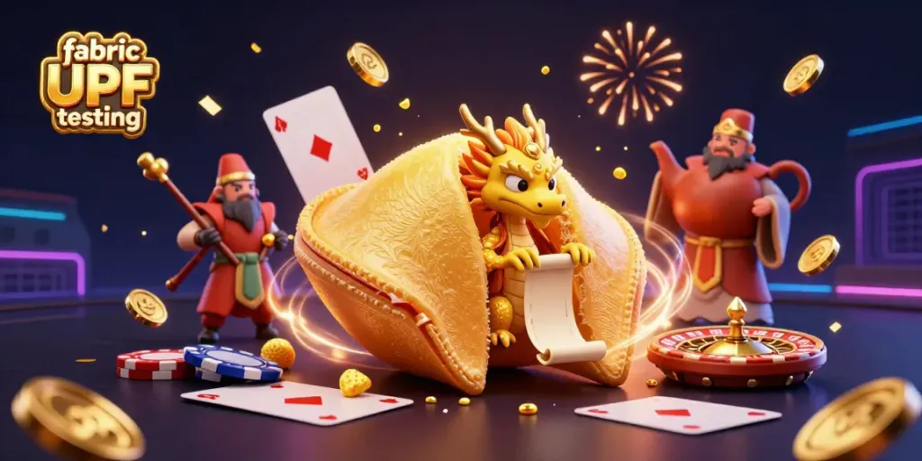 Engage in fabric UPF testing with a vibrant scene of a fortune cookie and gambling elements