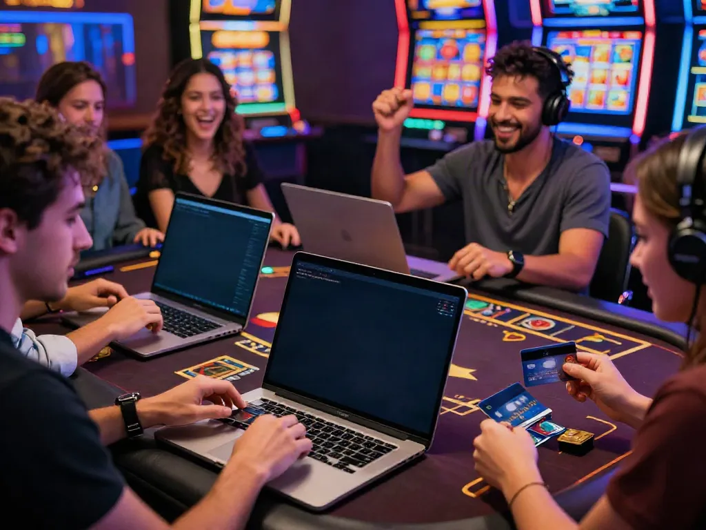 Players celebrating wins at casinos that take credit cards online, highlighting excitement and vibrant atmosphere.