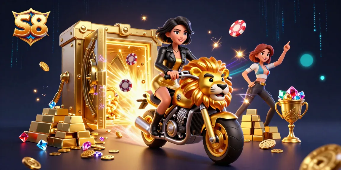 S8 players enjoy dynamic gambling action surrounded by gold and treasure in this vibrant casino scene