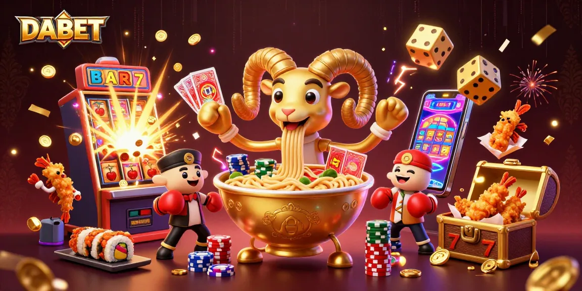 DABET features a lively scene with a golden ramen bowl dealing cards in a packed casino setting.