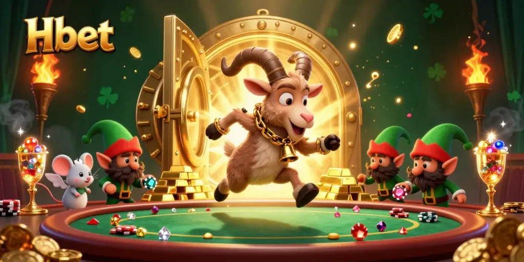 Engage in thrilling gameplay at Hbet's vibrant casino, featuring festive characters and dazzling treasures.