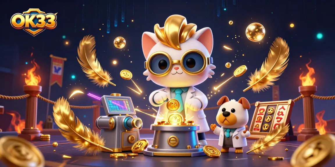 Spin the reels at OK33 with a vibrant casino scene featuring a mad scientist cat creating gold!
