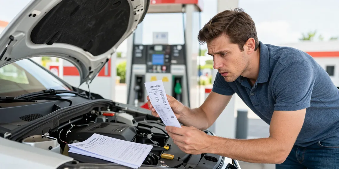 Driver examining vehicle fuel consumption issues at a gas station, revealing challenges of Auto consuma troppo.