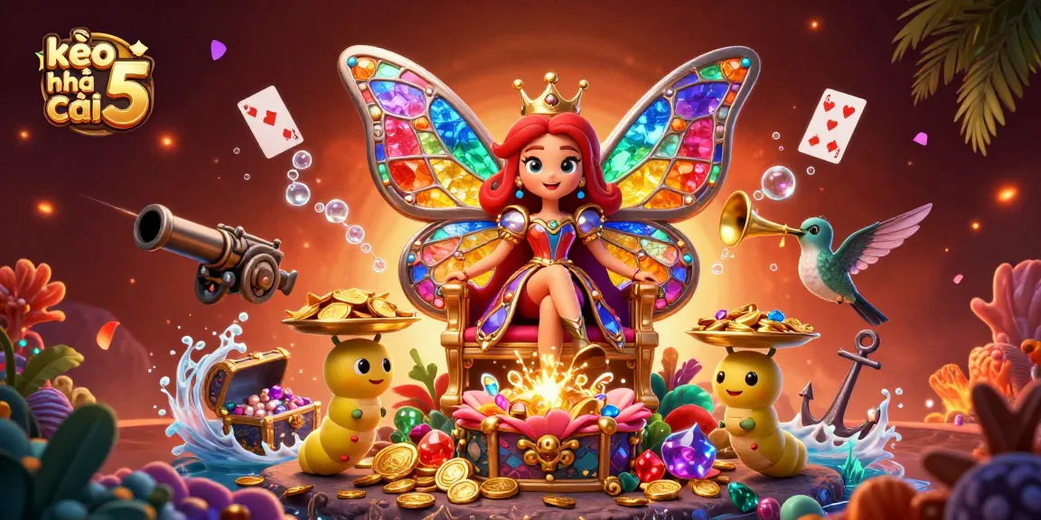 Bettors explore kèo nhà cái 5 with vibrant, animated characters amid treasure and casino elements.