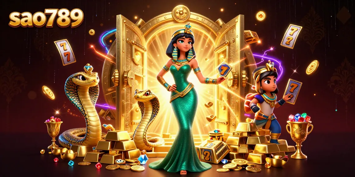 Sao789 engages gamblers with an energetic 3D illustration featuring dynamic casino elements and treasure.