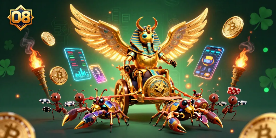 Engage with O8’s thrilling casino atmosphere, featuring a golden scarab beetle chariot amidst vibrant gambling elements.
