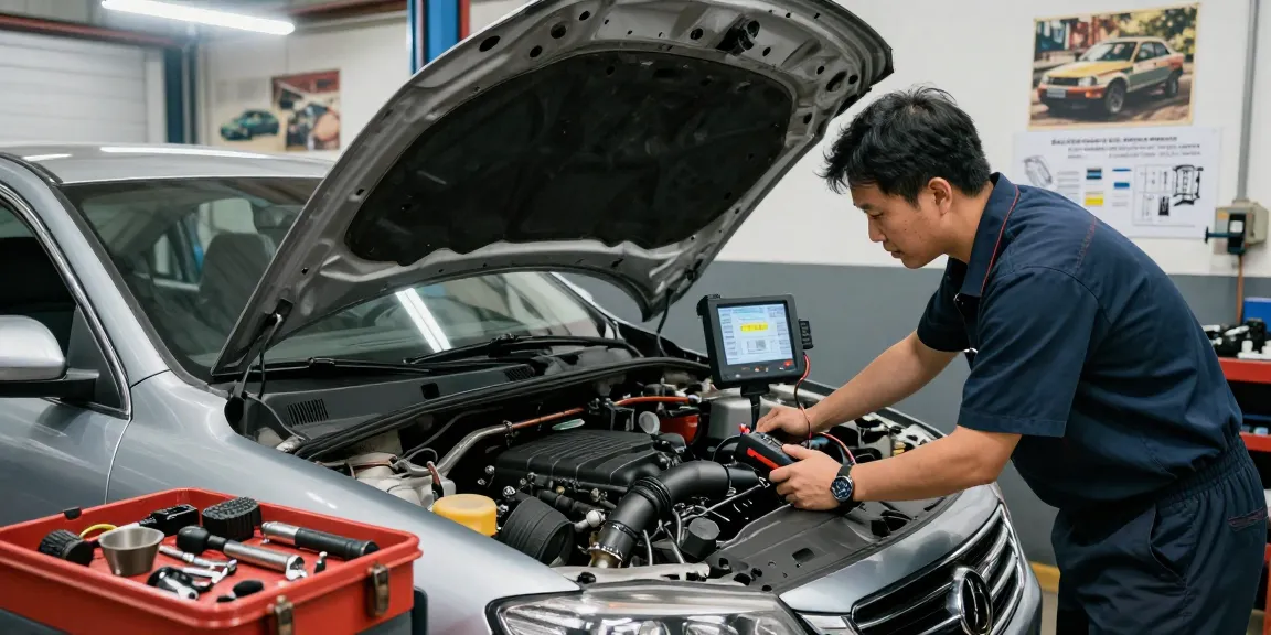 Mechanic troubleshooting an auto consuma troppo issue in a workshop, tools and engine diagnostics visible.