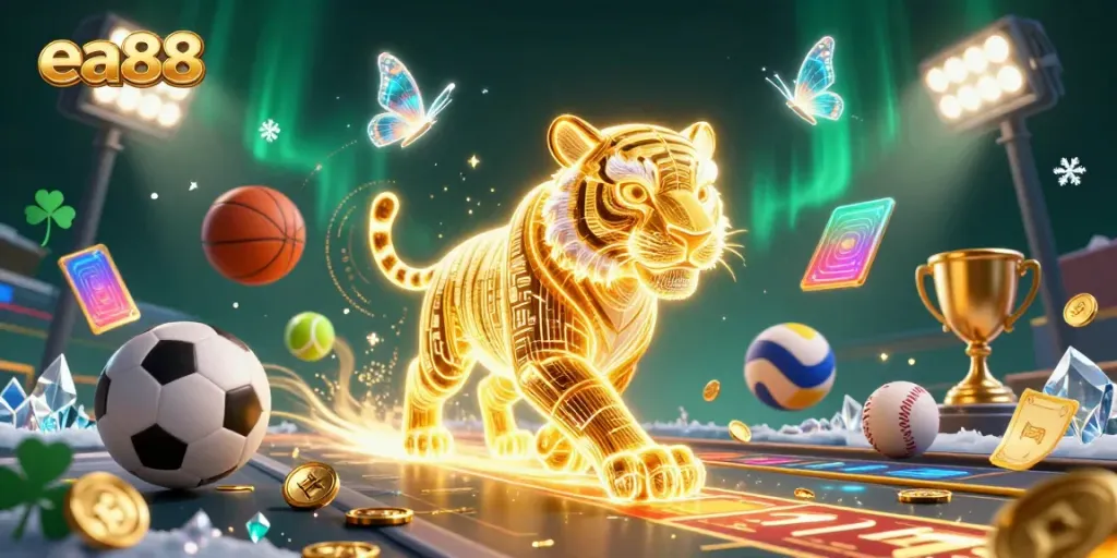 Experience the magic of ea88 with a glowing tiger and sports elements in a vibrant digital casino.