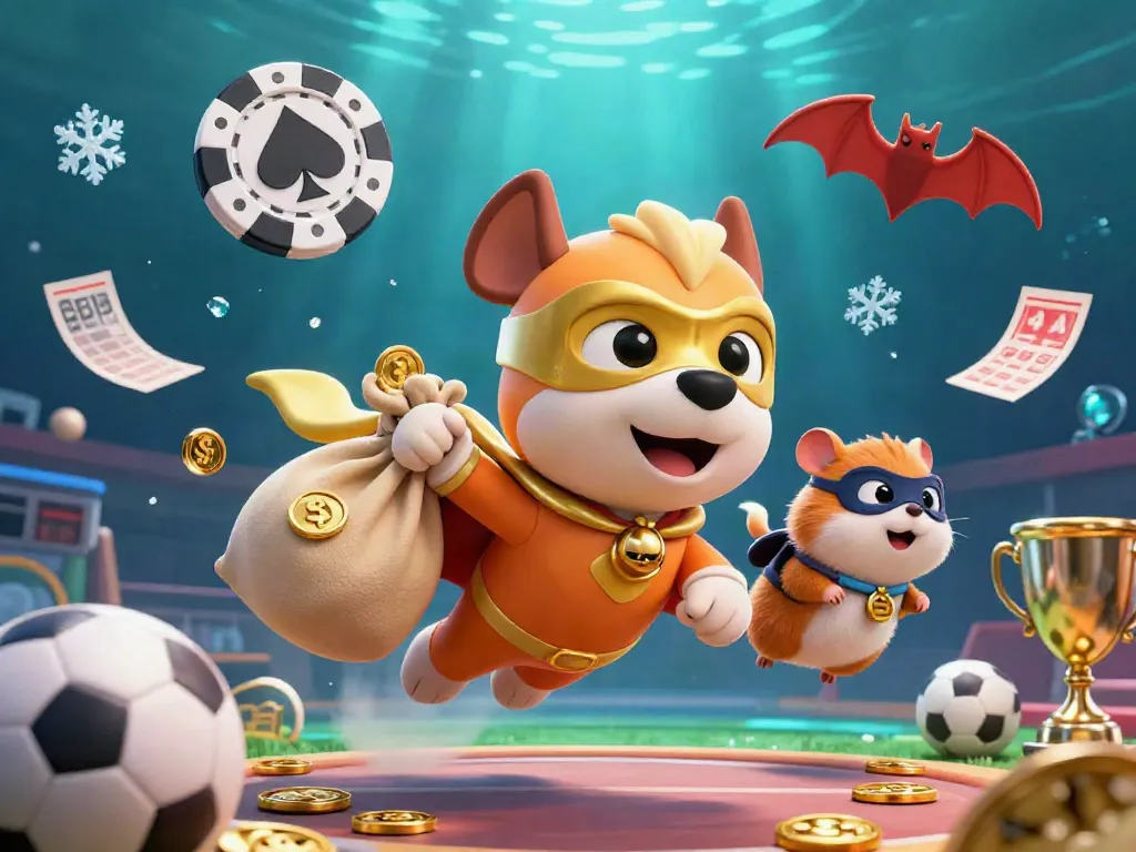 Visualize kèo bóng đá excitement with a superhero dog and hamster amidst dynamic betting elements