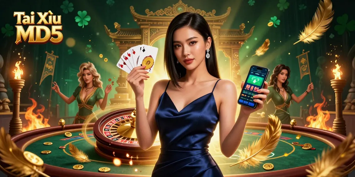 Tài Xỉu MD5 game illustration with Asian woman holding chips and smartphone, dynamic casino elements.