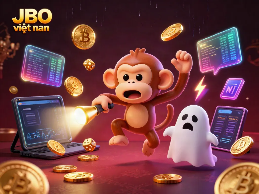 Engage with JBO việt nam in a lively haunted casino with a playful monkey and a curious puppy excitingly exploring the scene.