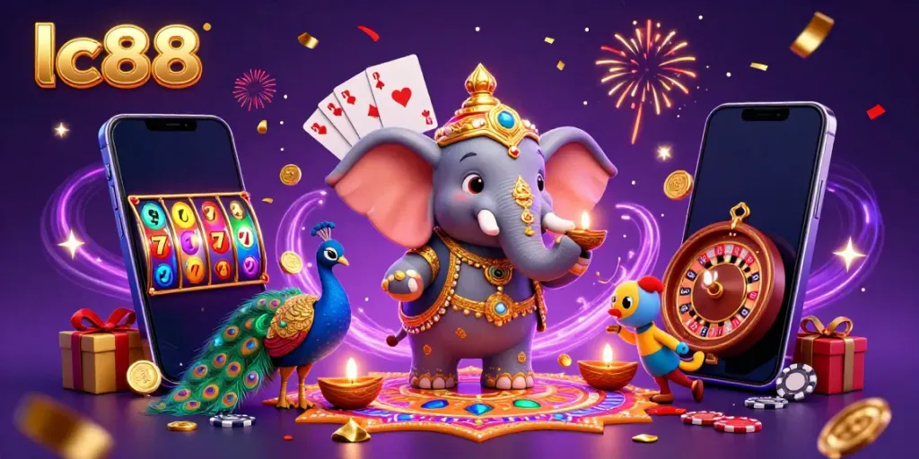 Experience the thrill of lc88 casino with vibrant 3D elephant and magical slot games, showcasing dynamic gambling elements.