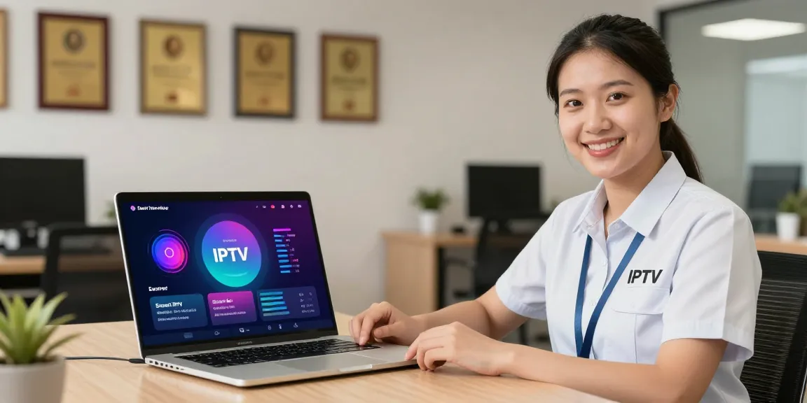 Trusted smart IPTV reseller displaying the IPTV platform to local clients in a professional setting.
