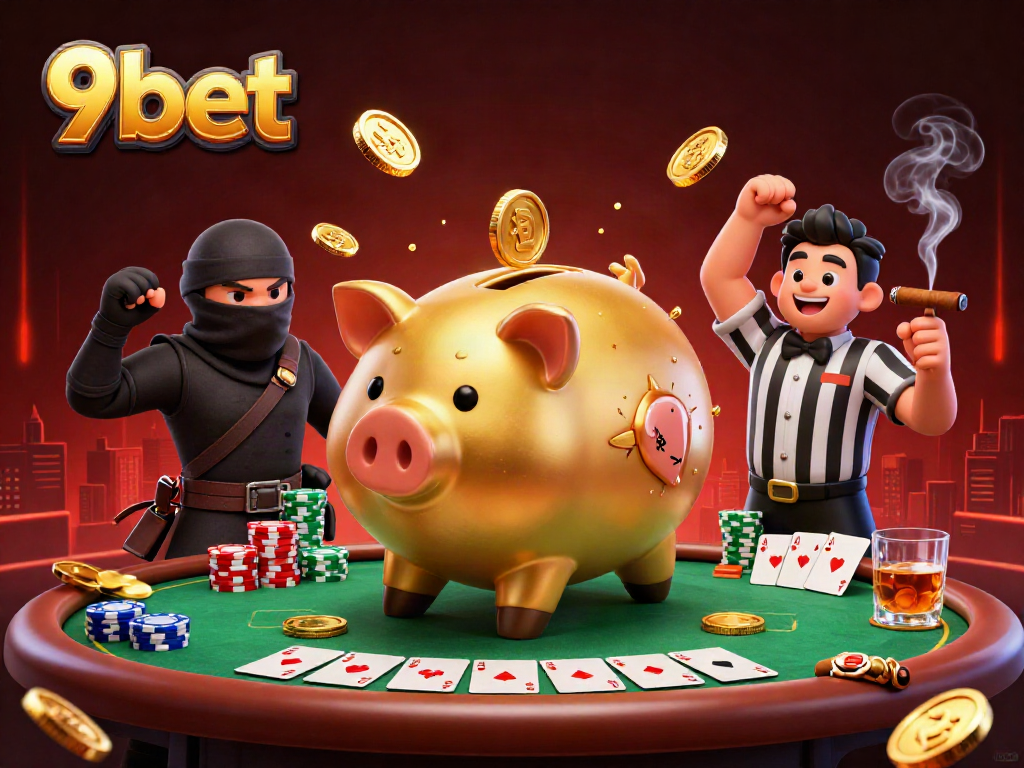 Bet on the dynamic scene featuring 9bet's golden piggy bank sumo wrestler next to poker elements.