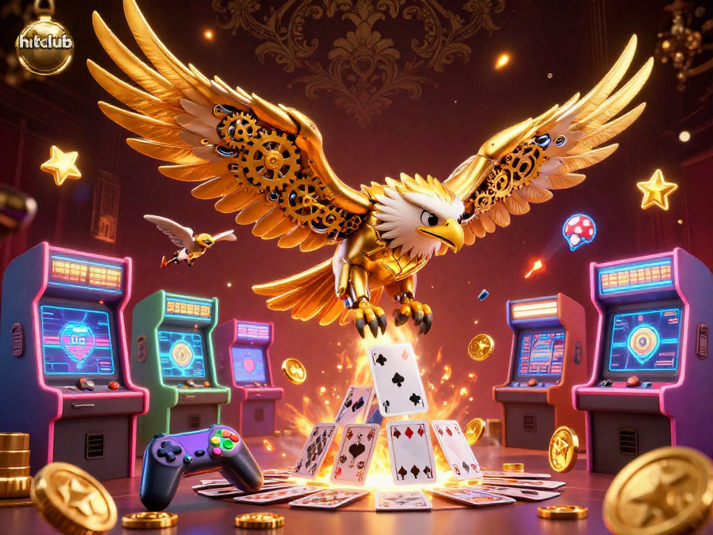 Experience hitclub's thrilling action with a 3D cybernetic eagle soaring over vibrant casino games.