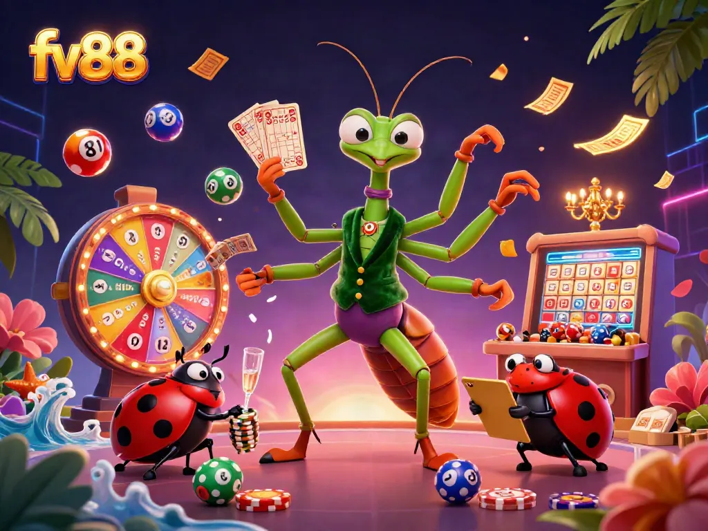 Experience the excitement of the fv88 casino with a vibrant 3D illustration featuring engaging characters and dynamic gambling elements.