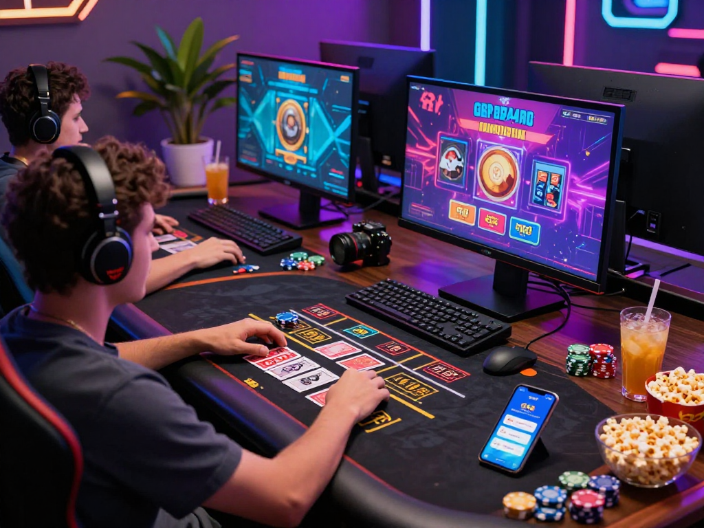 Exciting players enjoying GB 444 online casino games with vibrant setup and lively atmosphere.
