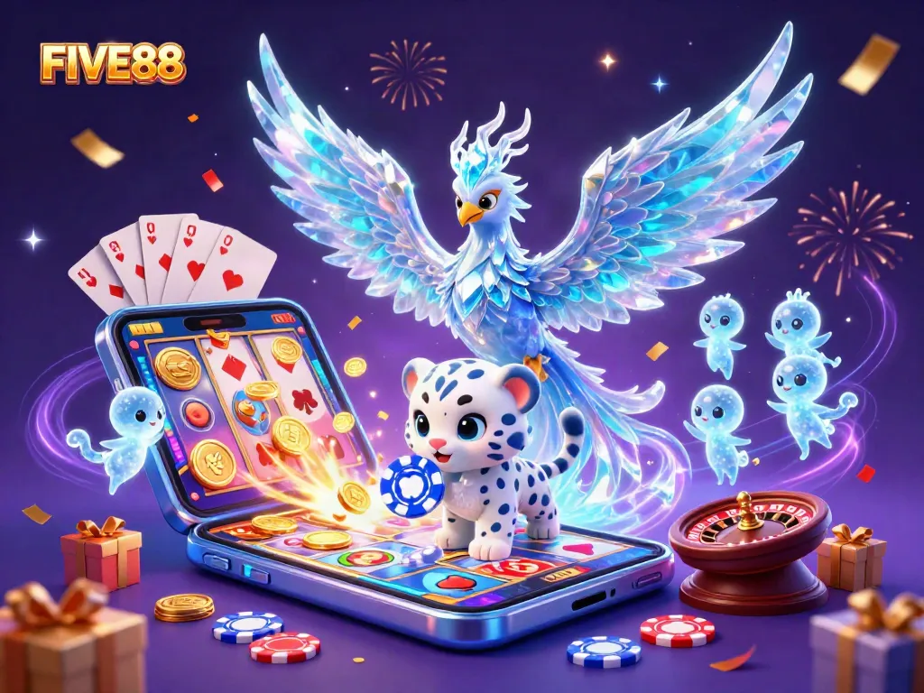Experience the excitement at FIVE88 with an enchanting scene of an ice phoenix and casino elements.