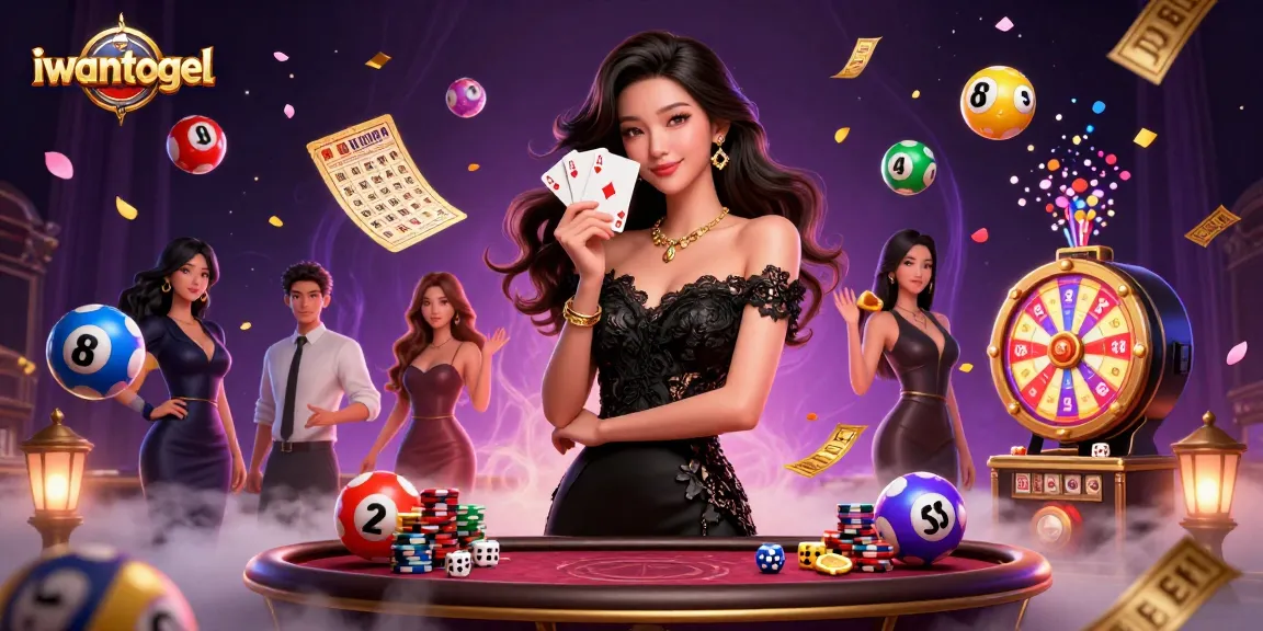 Experience iwantogel's lively gaming scene with lottery balls, poker cards, and vibrant casino elements.