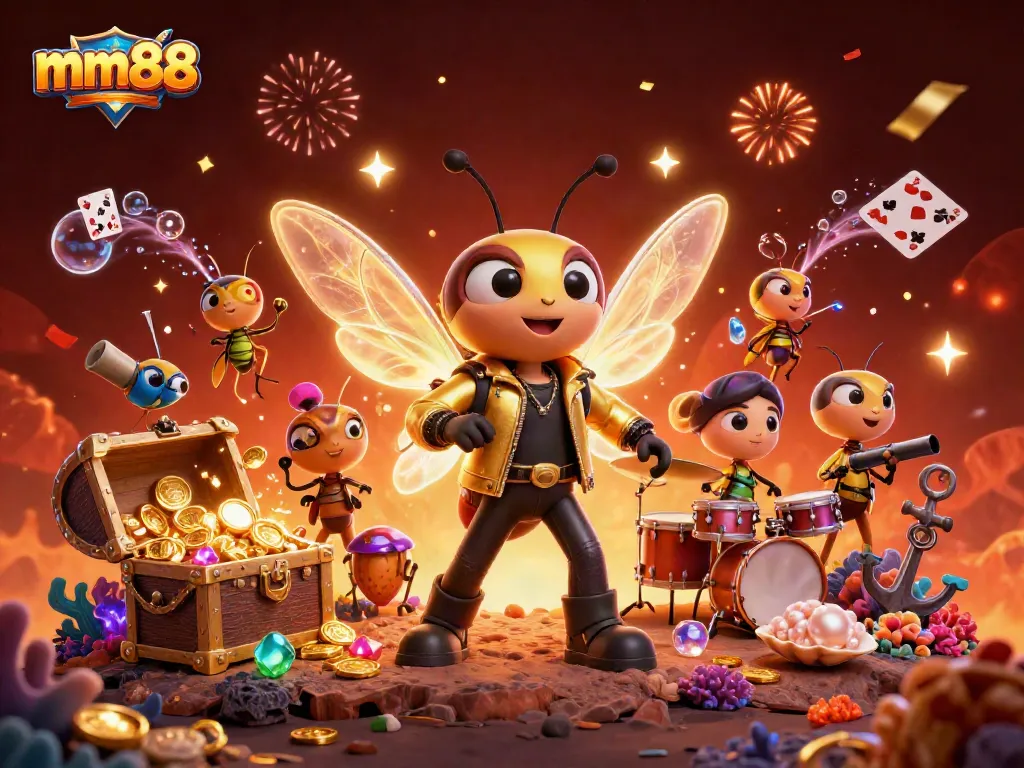 Spin and win at mm88 with vibrant 3D casino characters amidst a treasure-filled celebration.