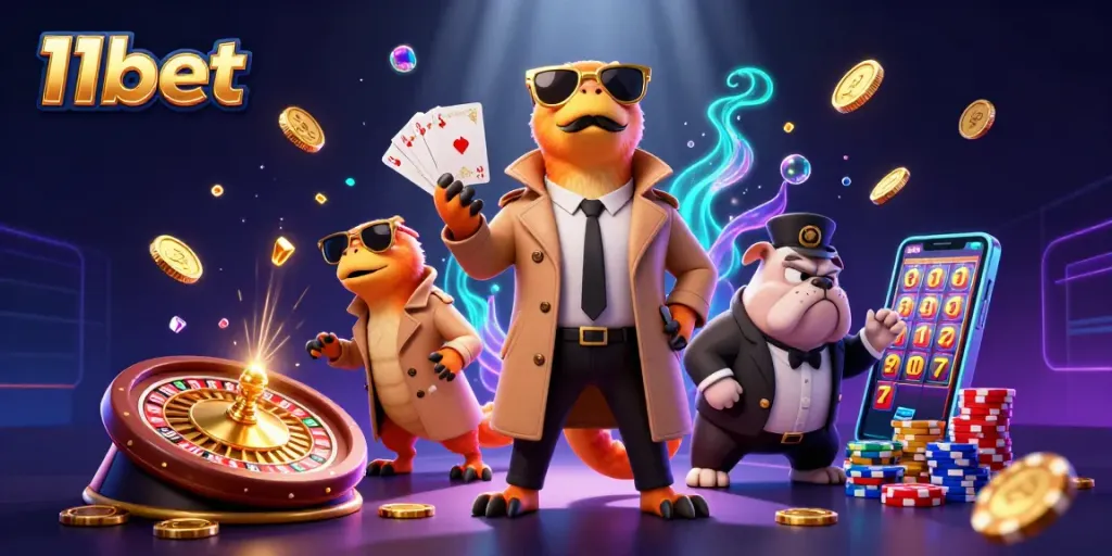 Engage with 11bet's thrilling casino experience featuring cartoon raptors and gold coins in a vibrant illustration.