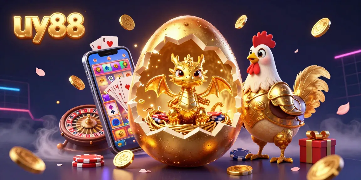 Engage with uy88's vivid slot experience featuring a golden baby dragon amidst poker chips.