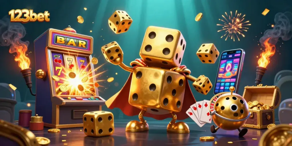 Experience the thrill of 123bet with a vibrant 3D illustration featuring exciting casino elements.