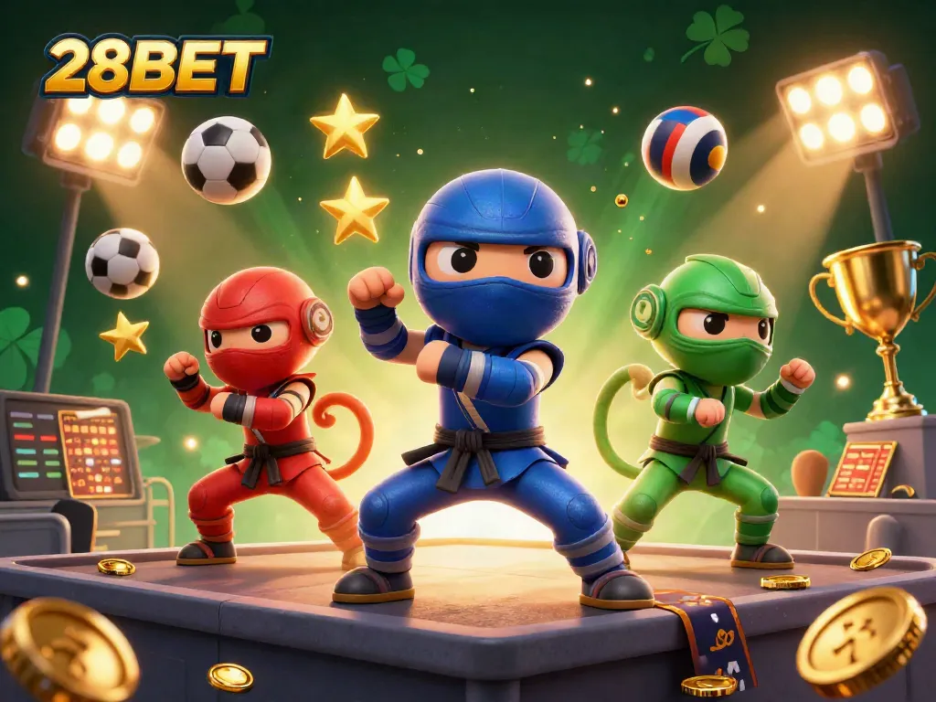 Engage with the dynamic action of 28BET’s ninja chameleons amidst vibrant casino symbols.