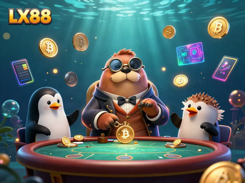 Experience thrilling poker at LX88 with a jolly walrus and a sophisticated dealer in a vibrant underwater scene.