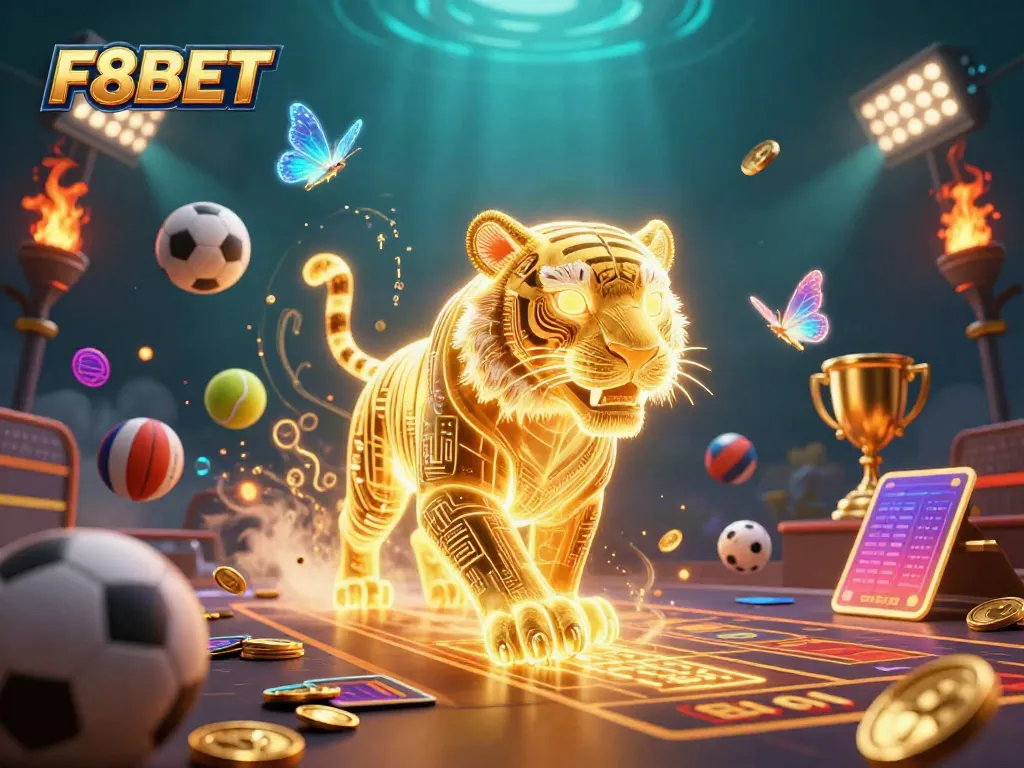 Experience the thrilling energy of F8BET with a dynamic digital casino scene featuring sports elements and vibrant characters.