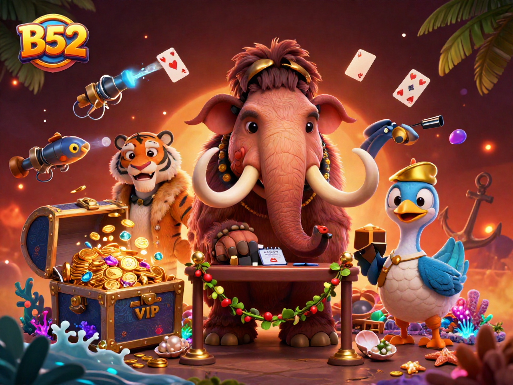 B52 elevates your casino experience with a vibrant scene of whimsical characters, treasure, and elegant play.