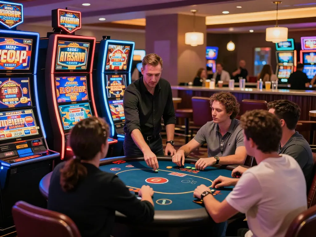 Exciting gaming environment at non GamStop casinos with players at tables and neon lights.