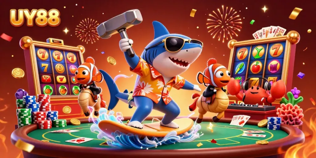 Experience UY88 excitement with a vibrant 3D illustration of a surfing shark amidst dynamic casino elements.