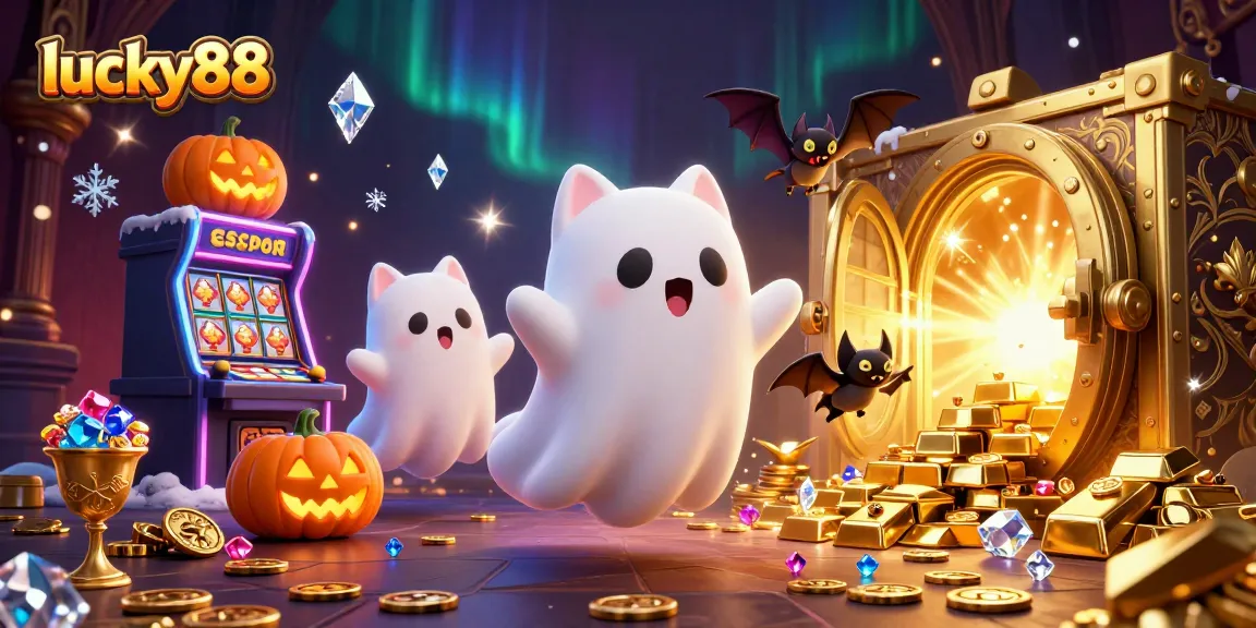 Play with excitement in a vibrant lucky88 casino adventure featuring a friendly ghost cat.