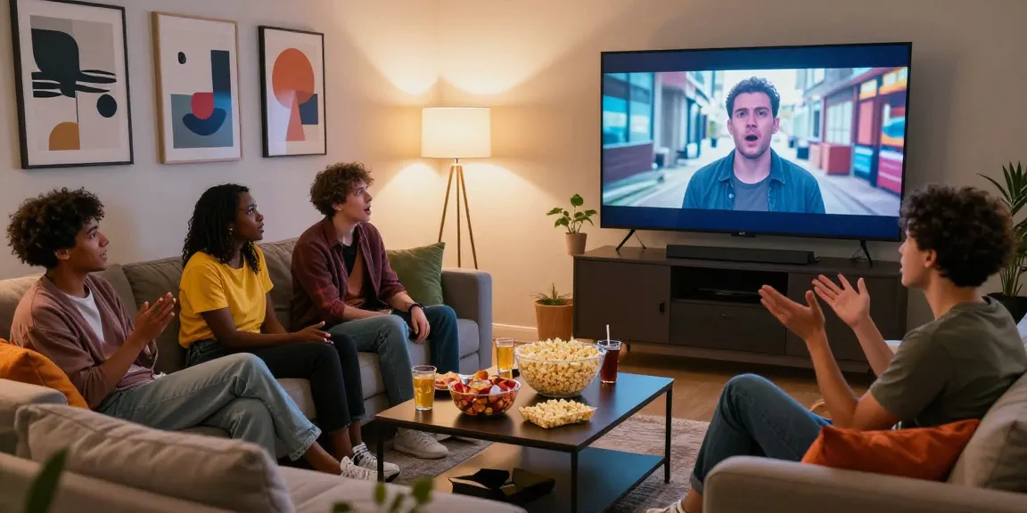 Friends enjoying nsfw-themed movies in a cozy urban living room setting.