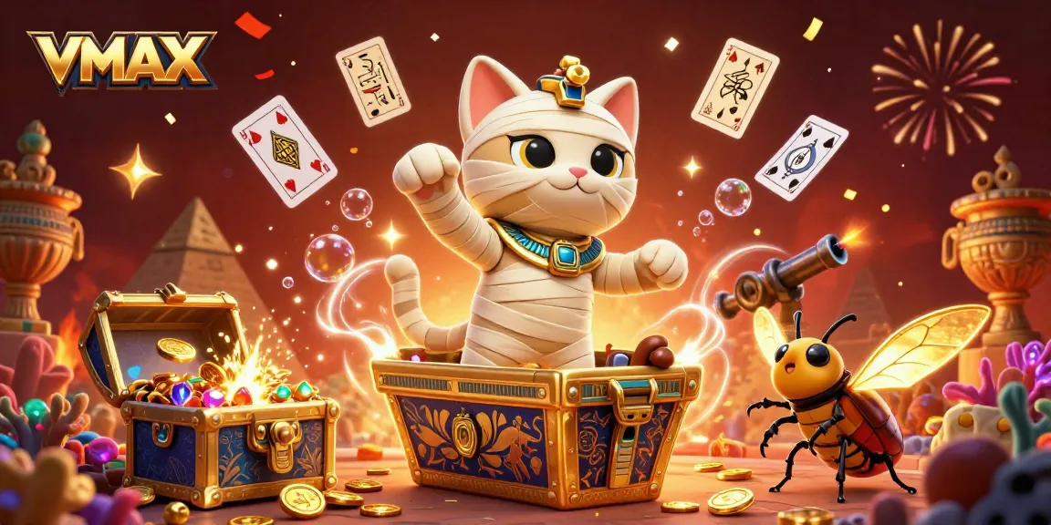 Experience the excitement of VMAX with a vibrant mummy cat bursting from a treasure-filled casino, celebrating big wins!