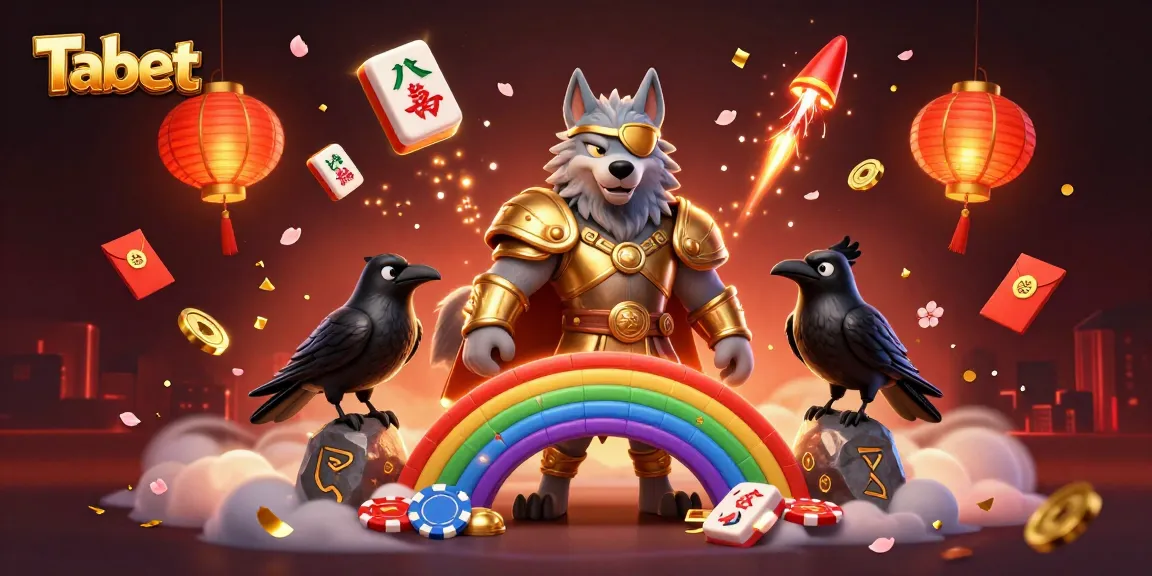 Tabet captures a thrilling casino scene with a Norse myth-inspired wolf and ravens amidst vibrant gaming elements.