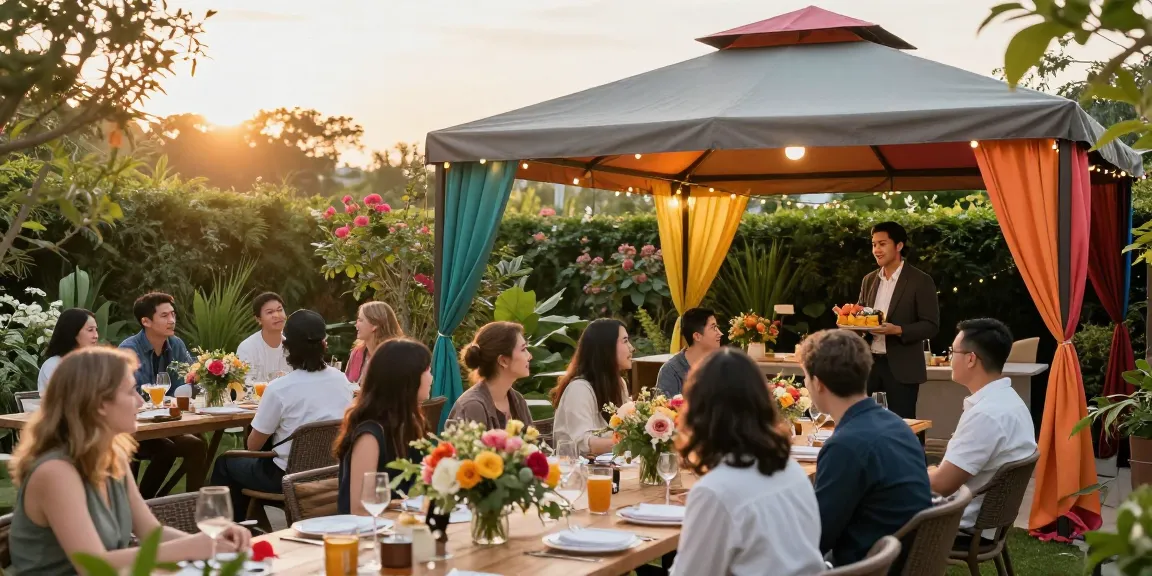 Elegant outdoor party scene featuring a gazebo from https://www.gazebohirelondon.co.uk/ with colorful details and a joyful atmosphere.