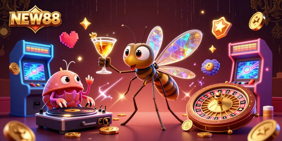 NEW88 energizes players with a vibrant casino atmosphere featuring characters and gaming elements.