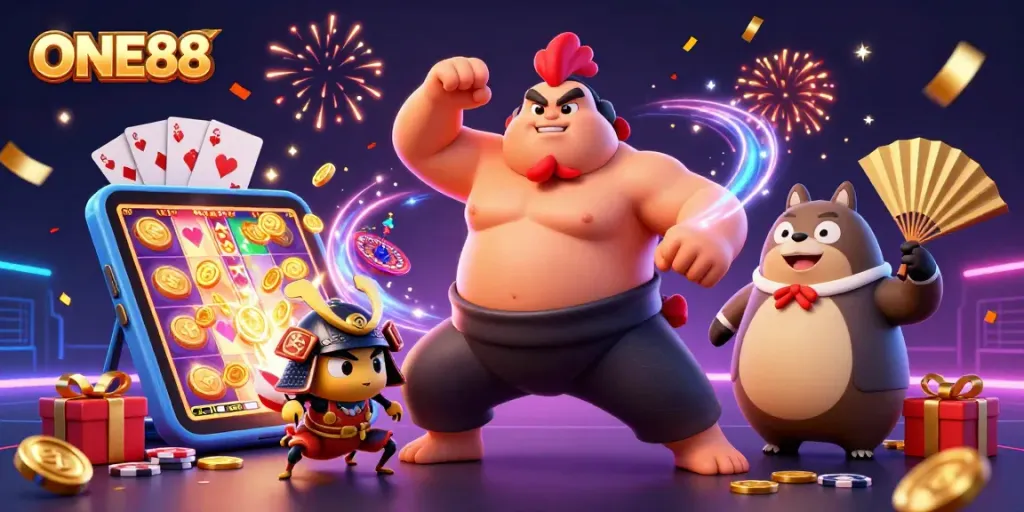 ONE88 attracts players with vibrant 3D illustration featuring gaming elements, exciting characters, and dynamic visuals.