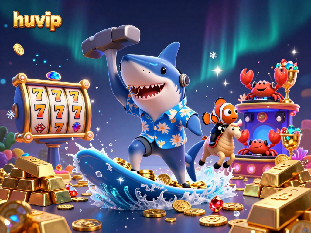 Win at huvip with a lively cartoon casino scene featuring vibrant characters and gold treasures